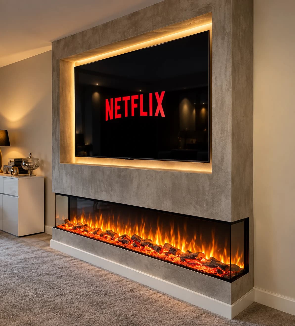 Mermer Duvarlı TV Altı Panoramik 2D Elektrikli Şömine