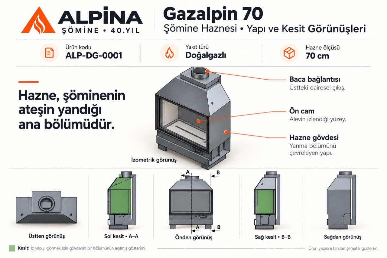 Gazalpin 70 şömine haznesinin izometrik, üstten, önden, yandan ve kesit görünümleri