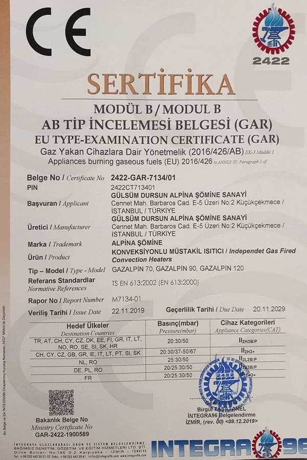 Gazalpin CE Modül B AB Tip İncelemesi Belgesi, belge no 2422-GAR-7134/01