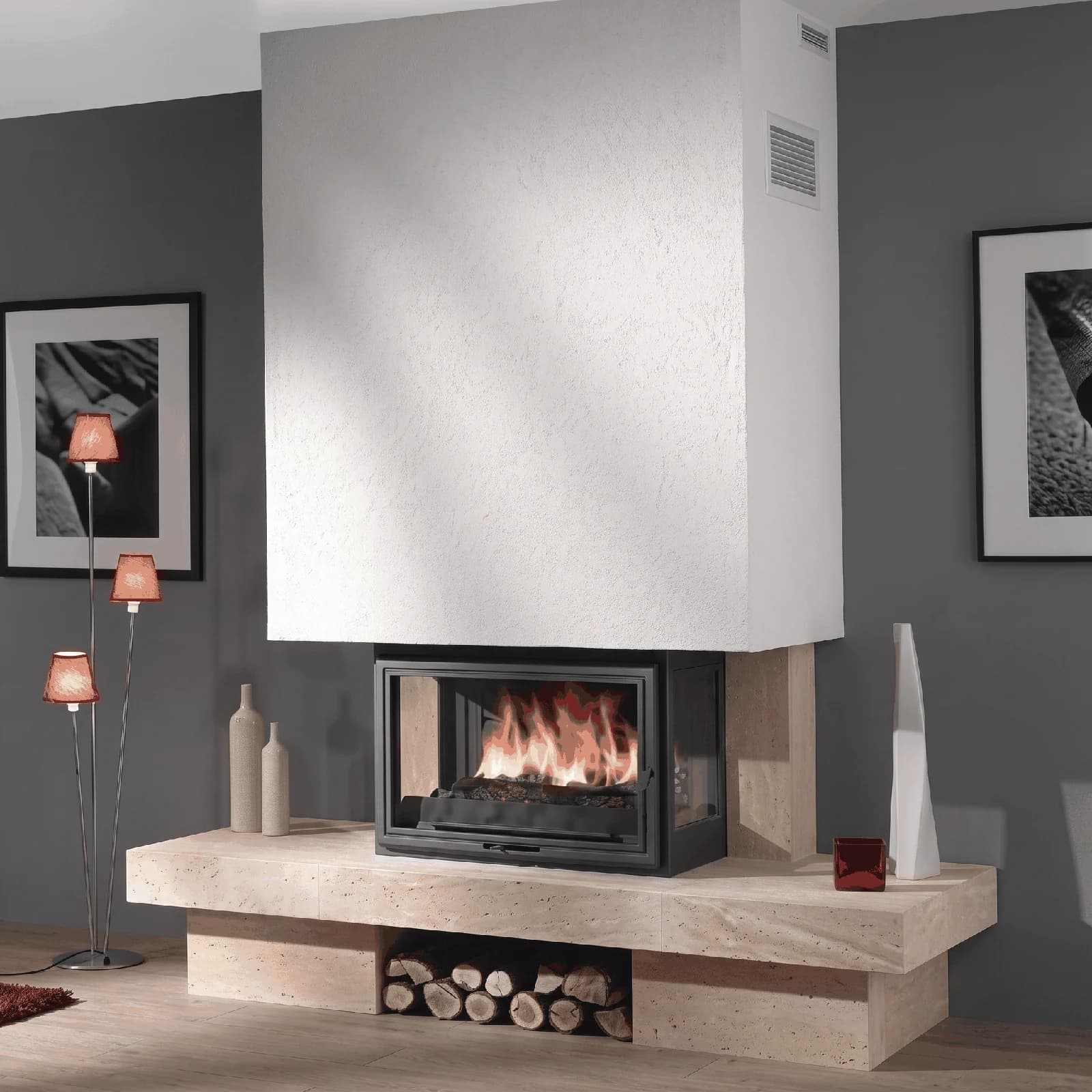70 cm Üç Taraf Camlı Modern Odunlu Şömine — Odunlu, ürün kodu ALP-OD-0018