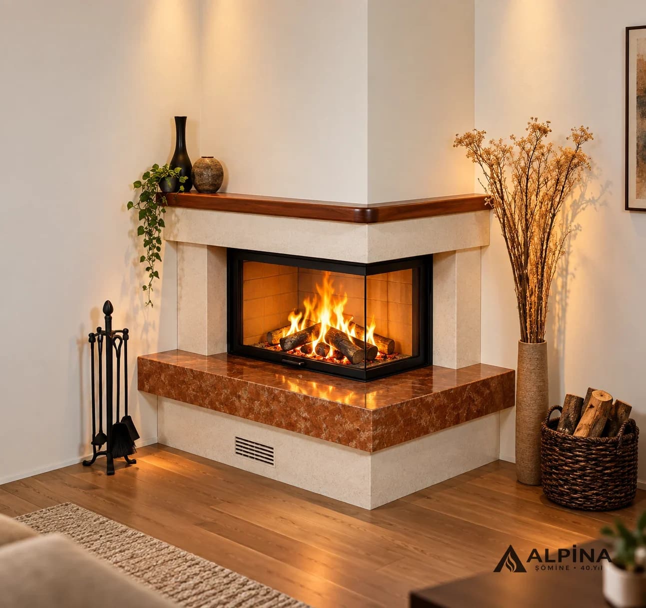 Ahşap Raflı Köşe Tipi Modern Odunlu Şömine — Odunlu, ürün kodu ALP-OD-0021