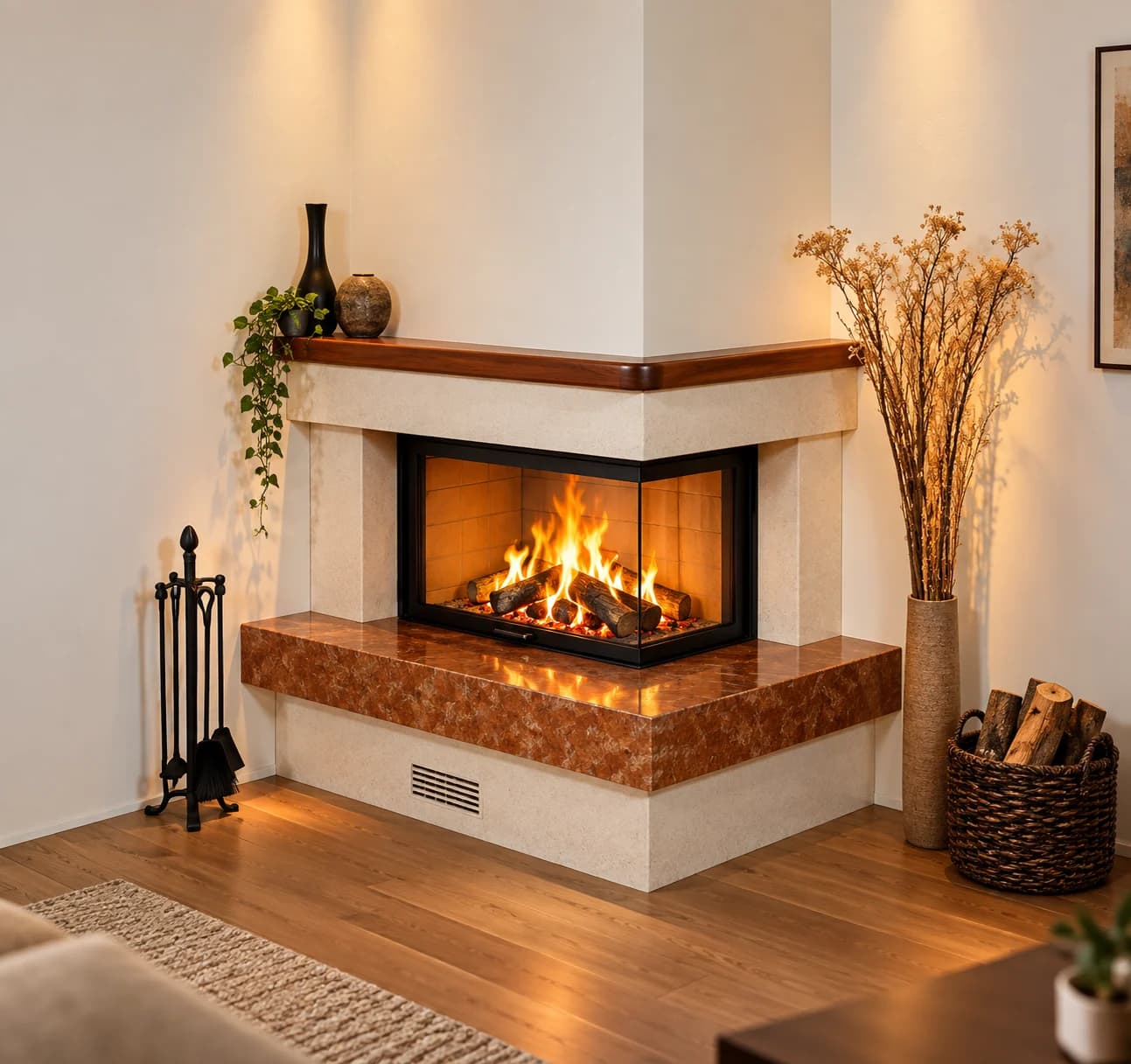 Ahşap Raflı Köşe Tipi Modern Odunlu Şömine — Odunlu, ürün kodu ALP-OD-0021