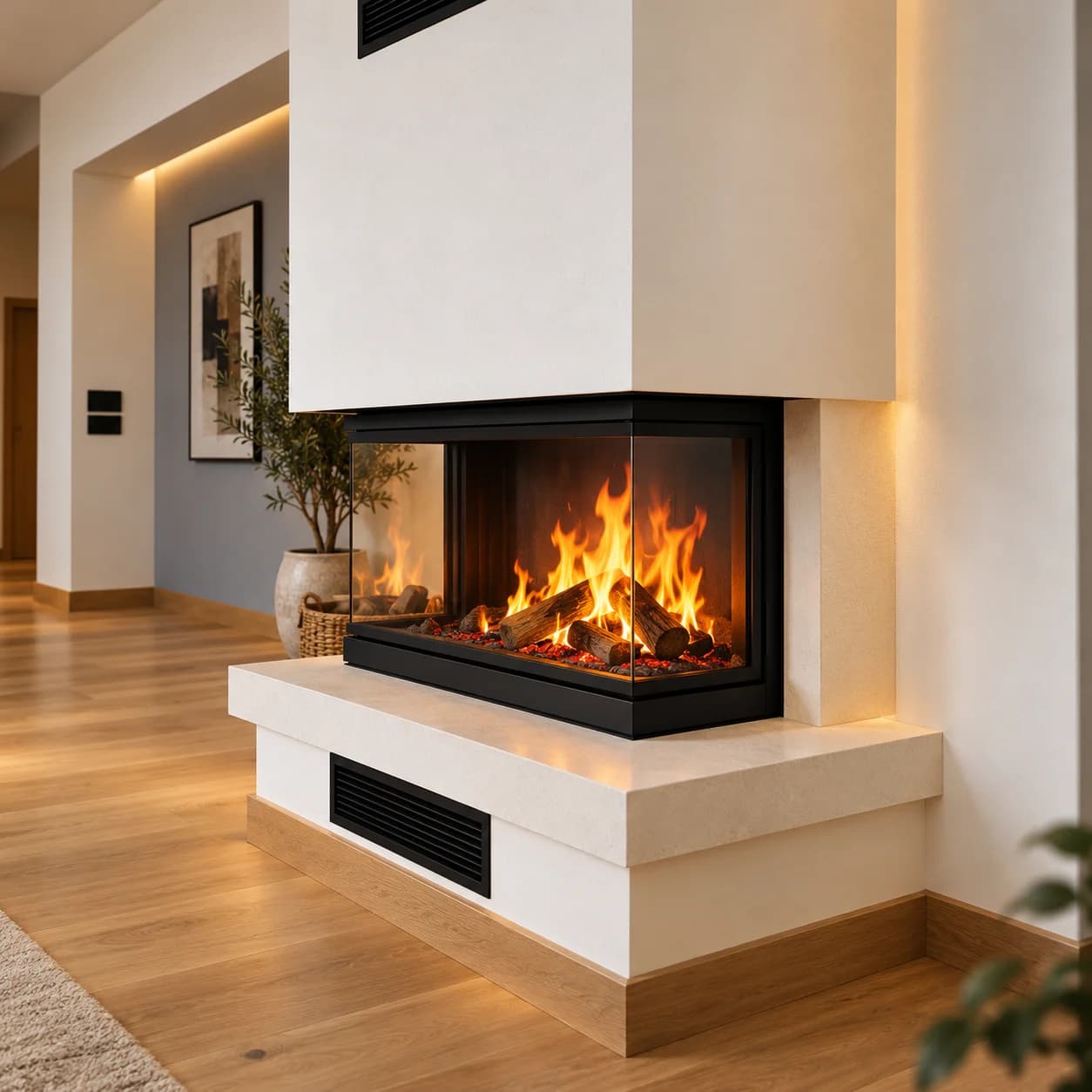 Oturma Kaideli Üç Tarafı Camlı Modern Odunlu Şömine — Odunlu, ürün kodu ALP-OD-0023