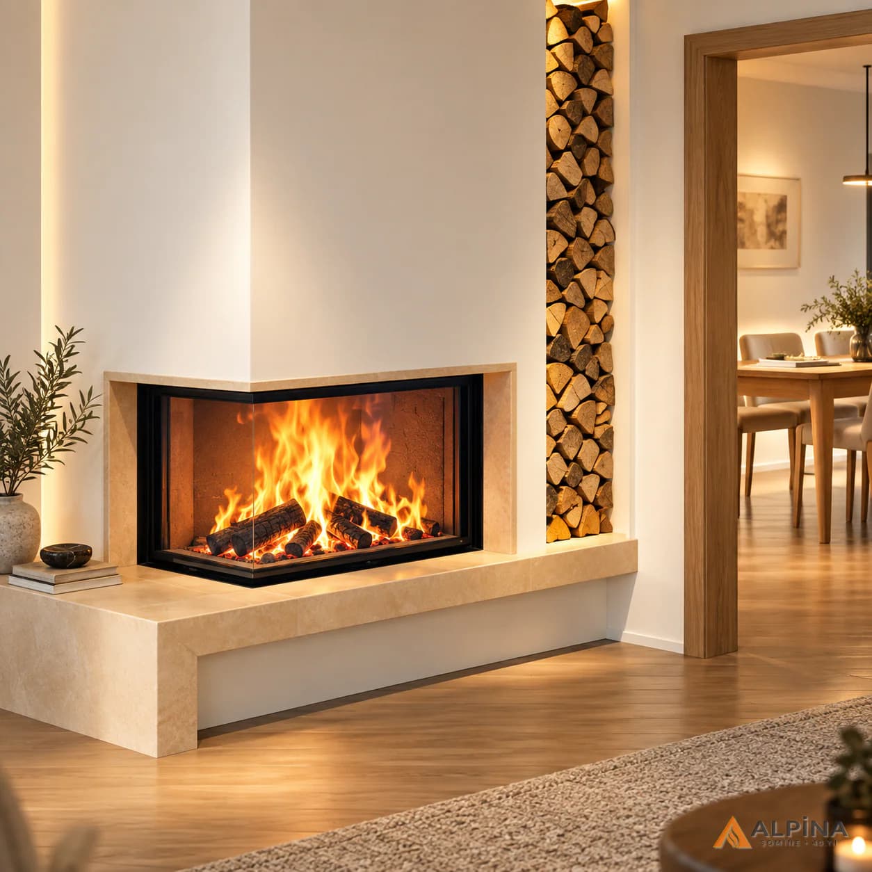 Odunluk Nişli Beyaz Köşe Modern Odunlu Şömine — Odunlu, ürün kodu ALP-OD-0024