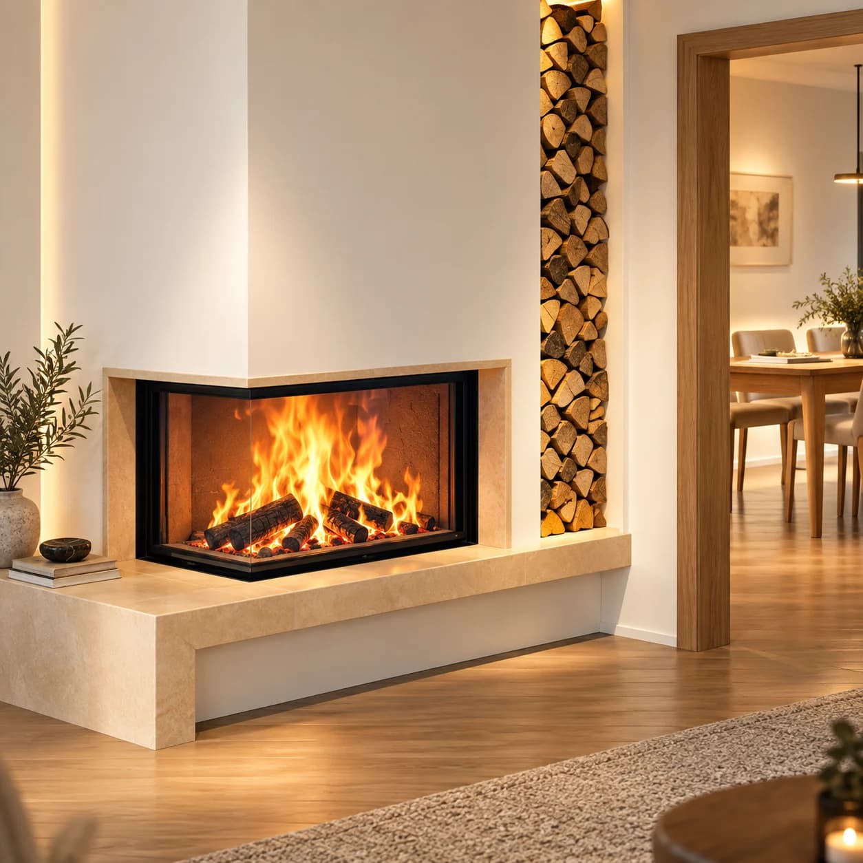 Odunluk Nişli Beyaz Köşe Modern Odunlu Şömine — Odunlu, ürün kodu ALP-OD-0024