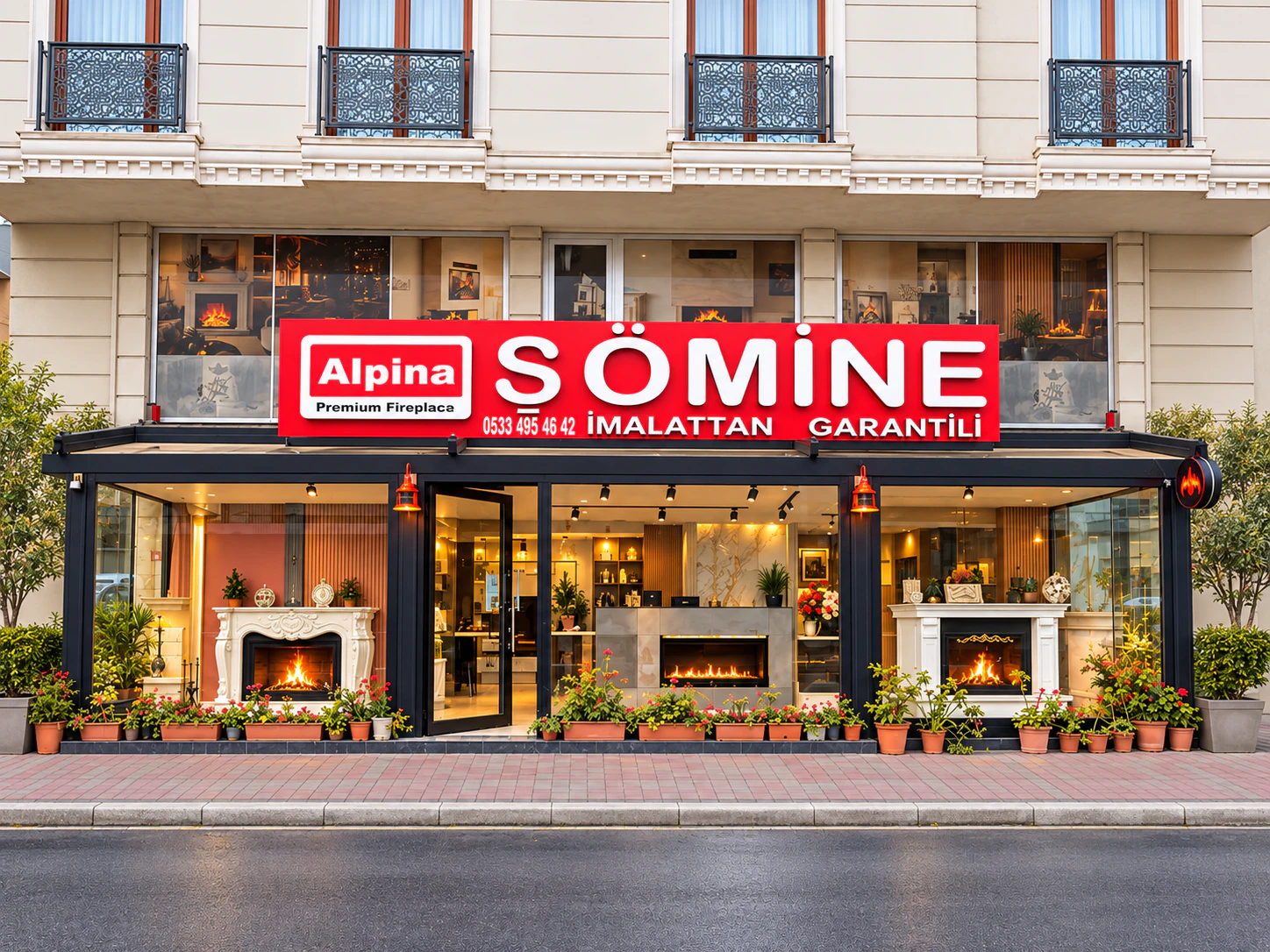 Alpina Şömine mağazasının kırmızı tabelası ve cam vitrinleriyle dış cephe görünümü