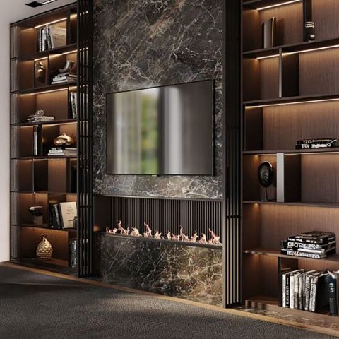 Gazalpin 120 Düz Ekran Ahşap Raflı Modern Şömine